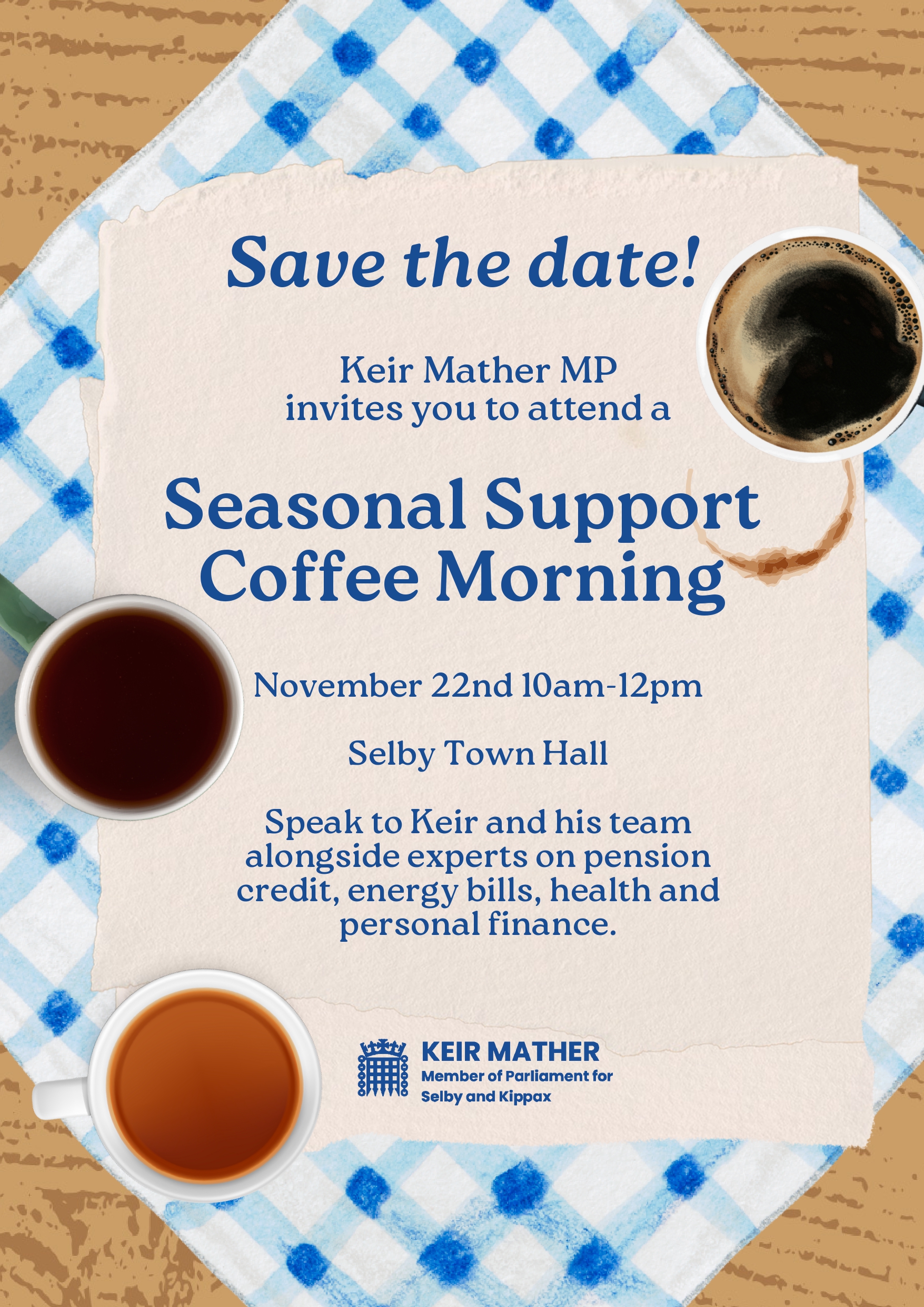 Seasonal Support Coffee Morning with Keir Mather MP